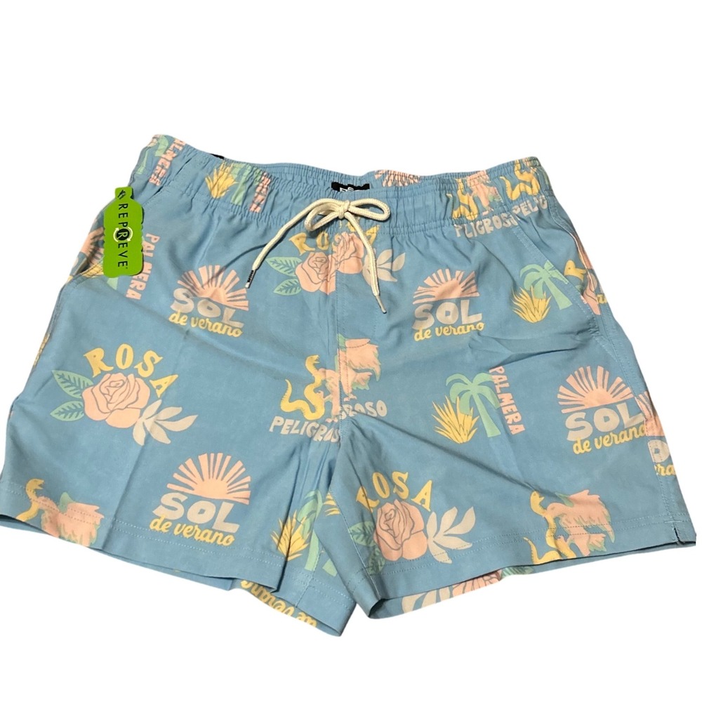 RSQ Men's‎ Baja Swim Trunks Blue Palm Rose Print Size M Inseam 5 Inch Repreve